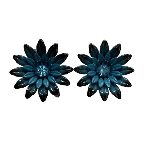 Blue Enamel Flower & Rhinestone Center Clip Earrings Vintage - Picture 4 of 4